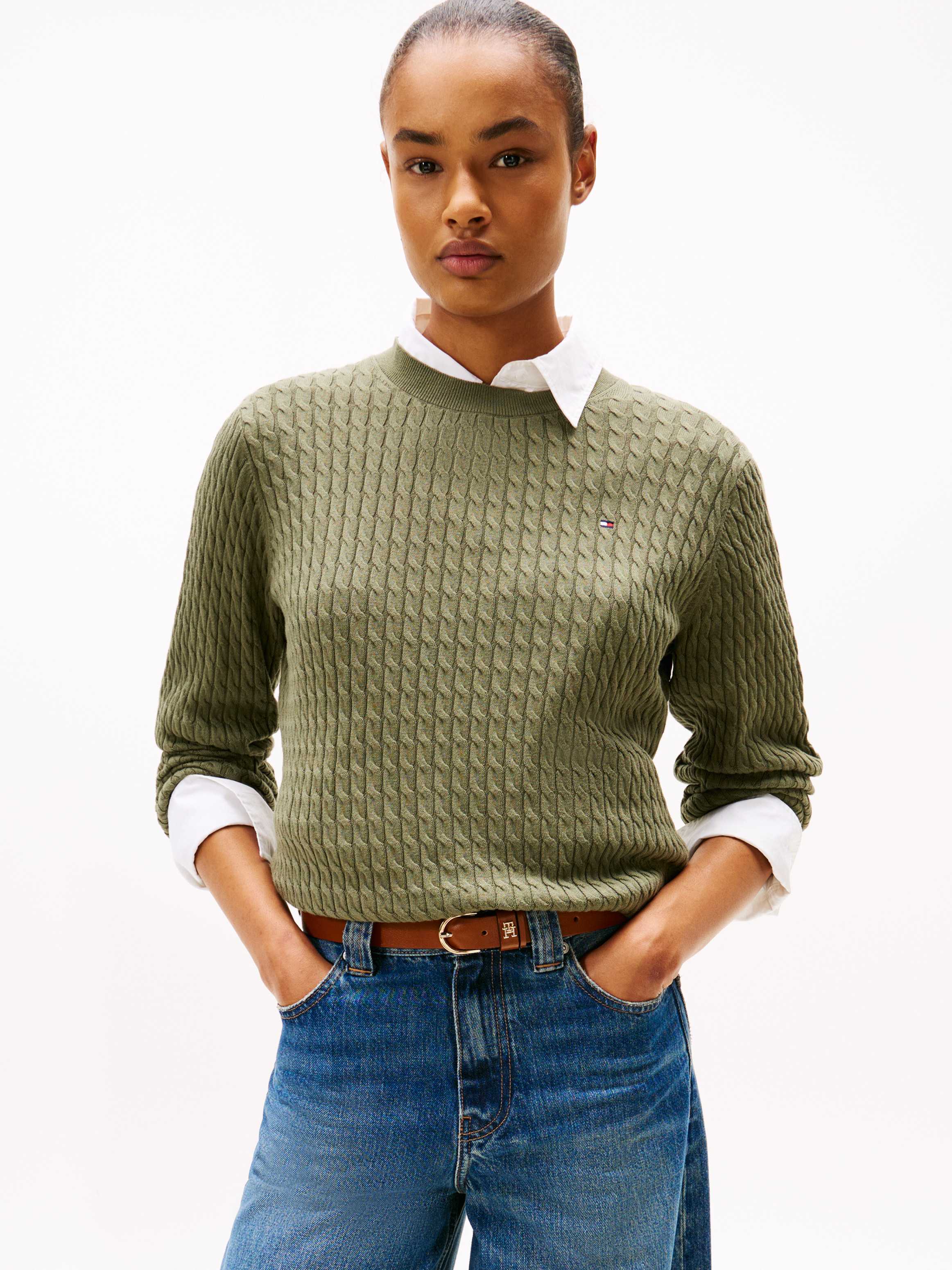 Fine Cable Knit Polo Collar Cardigan | Knitwear | Tommy Hilfiger
